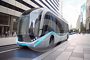 futuristic electric bus cruising down the busy city street, with its sleek design and eco-friendly technology
