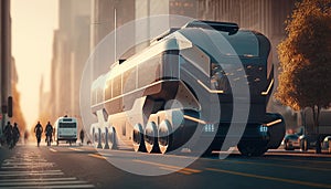 futuristic electric bus on the street. Generative AI