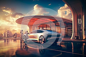 Futuristic electric car and charging station