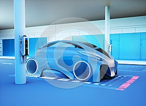 Futuristic Electric Car on Inductive Charging Station, realistic 3d rendering illustration