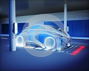 Futuristic Electric Car on Inductive Charging Station, realistic 3d rendering illustration, futuristic concept