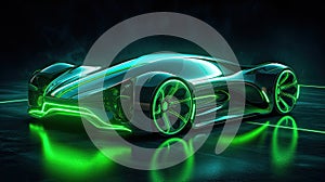 A futuristic electric car with motion green lighting. Automotive innovation and technology concepts. Generative Ai