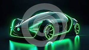 A futuristic electric car with motion green lighting. Automotive innovation and technology concepts. Generative Ai