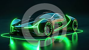 A futuristic electric car with motion green lighting. Automotive innovation and technology concepts. Generative Ai