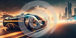 Futuristic electric car, super car driving on city highway road with motion blur