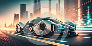 Futuristic electric car, super car driving on city highway road with motion blur