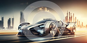 Futuristic electric car, super car driving on city highway road with motion blur