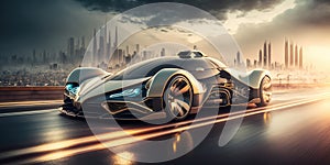 Futuristic electric car, super car driving on city highway road with motion blur