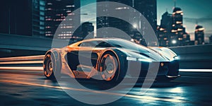 Futuristic electric car, super car driving on city highway road with motion blur