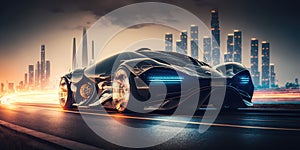 Futuristic electric car, super car driving on city highway road with motion blur