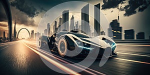 Futuristic electric car, super car driving on city highway road with motion blur