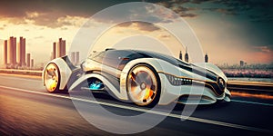 Futuristic electric car, super car driving on city highway road with motion blur