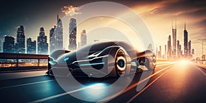 Futuristic electric car, super car driving on city highway road with motion blur