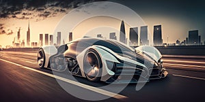 Futuristic electric car, super car driving on city highway road with motion blur