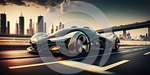 Futuristic electric car, super car driving on city highway road with motion blur