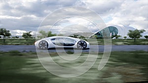 Futuristic electric car very fast driving on highway. Futuristic city concept. 3d rendering.