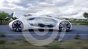 Futuristic electric car very fast driving on highway. Futuristic city concept. 3d rendering.