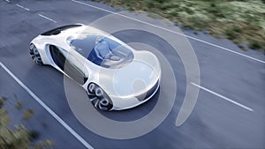 Futuristic electric car very fast driving on highway. Futuristic city concept. 3d rendering.