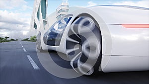 Futuristic electric car very fast driving on highway. Futuristic city concept. 3d rendering.