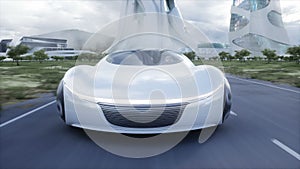 Futuristic electric car very fast driving on highway. Futuristic city concept. Realistic 4k animation.