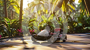 Futuristic electric golf kart in the middle of tropical park