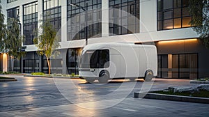 Futuristic electric minivan vehicle deliver package at residential office building in downtown area