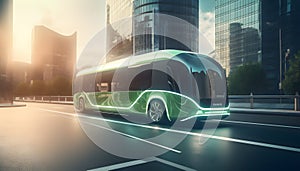 Futuristic electric passenger city bus driving through modern town. Generative AI