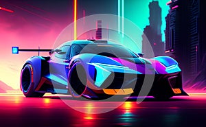 Futuristic electric racing car, cyberpunk, sci-fi. Ai generated