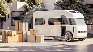 Futuristic electric van with cardboard boxes on the street