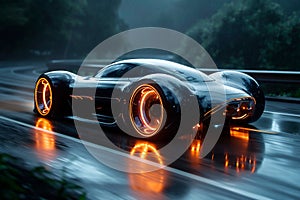 Futuristic electric vehicle concept speeding down a winding road, highlighting the innovation and technology behind