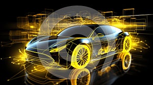 Futuristic electric yellow car with a holographic wireframe digital technology background. Designing a new economical