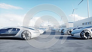 Futuristic electrick cars on warehouse parking. Logistic center. Green energy concept. 3d rendering.