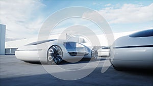 Futuristic electrick cars on warehouse parking. Logistic center. Green energy concept. 3d rendering.