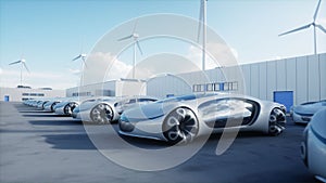 Futuristic electrick cars on warehouse parking. Logistic center. Green energy concept. 3d rendering.