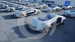 Futuristic electrick cars on warehouse parking. Logistic center. Green energy concept. 3d rendering.