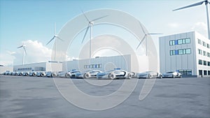 Futuristic electrick cars on warehouse parking. Logistic center. Green energy concept. Realistic 4k animation.
