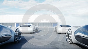 Futuristic electrick cars on warehouse parking. Logistic center. Green energy concept. Realistic 4k animation.