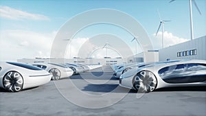 Futuristic electrick cars on warehouse parking. Logistic center. Green energy concept. Realistic 4k animation.