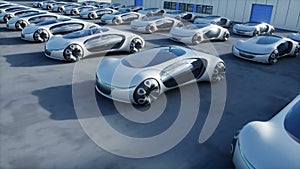 Futuristic electrick cars on warehouse parking. Logistic center. Green energy concept. Realistic 4k animation.
