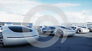 Futuristic electrick cars on warehouse parking. Logistic center. Green energy concept. Realistic 4k animation.