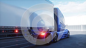 Futuristic electrick trucks on warehouse parking. Logistic center. Delivery, transport concept. 3d rendering.