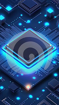 Futuristic Electronic Circuit Board with Glowing Microchip Design