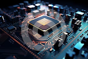 Futuristic electronic circuit board with processor, 3D rendering technology concept