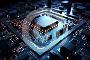 Futuristic electronic circuit board with processor, 3D rendering technology concept