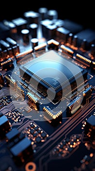 Futuristic electronic circuit board with processor, 3D rendering technology concept