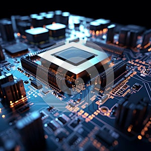 Futuristic electronic circuit board with processor, 3D rendering technology concept
