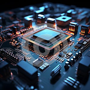 Futuristic electronic circuit board with processor, 3D rendering technology concept