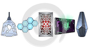Futuristic elements collection showcasing technology and design on white background.