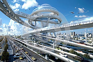 Futuristic Elevated Transit System with Advanced Architecture in a Megacity photo