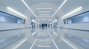 Futuristic empty hallway with reflective flooring
